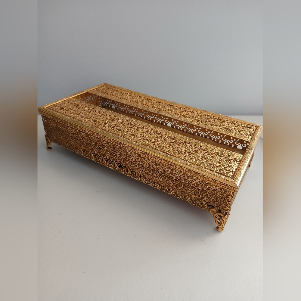 Vintage Filigree Goldtone Hollywood Regency Tissue Box Holder 10"